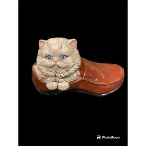 Vintage ceramic kitty kitten cat in a shoe with blue bow HANDMADE